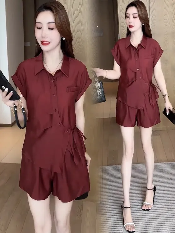 时尚套装女士夏季新款洋气质宽松显瘦冰丝短袖衬衫阔腿短裤两件套