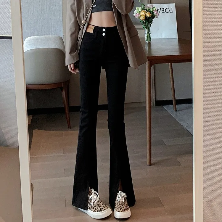 百搭黑色开叉喇叭裤女2025秋季修身弹力小个子高腰微喇裤子