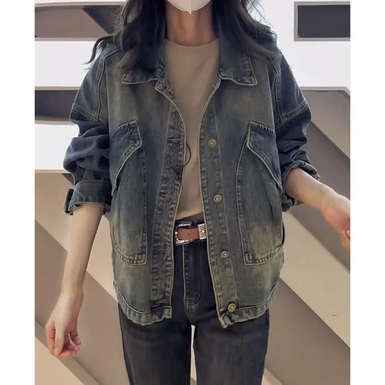 美式复古牛仔外套女2025新款春秋大码宽松百搭外衣做旧夹克上衣