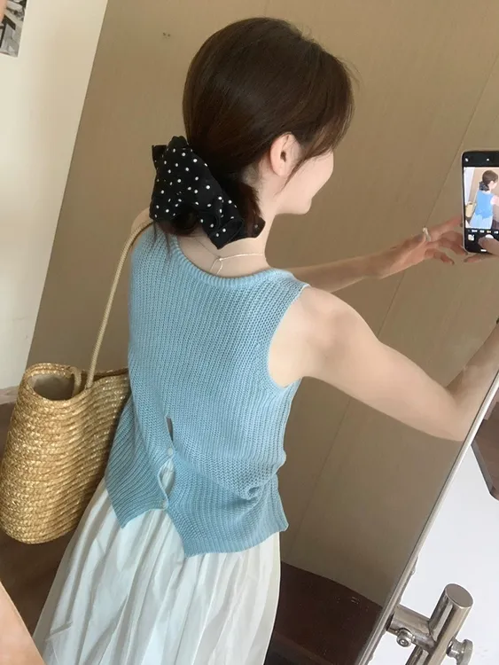 设计感后背扣子冰麻背心女2025夏季新款韩版百搭休闲宽松无袖上衣