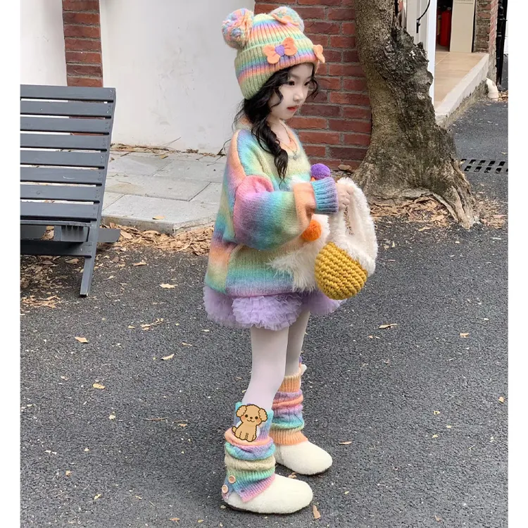 壹妈韩版童装女童套装秋冬儿童彩色条纹卡通毛衣紫色蛋糕裙两件套