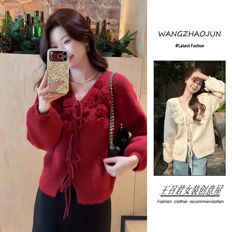 秋冬季2025新款女装流行韩系穿搭小香风气质百搭绑带花朵针织开衫