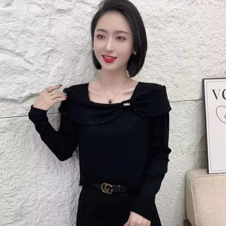 秋季新款极简风一字领有弹力重工艺串珠女士T恤秋冬打底衫纯色