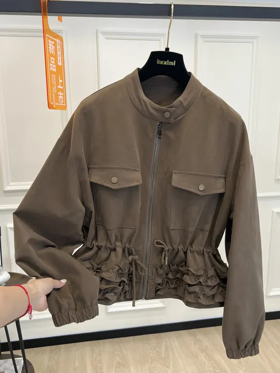 高端欧货2025秋季新款气质木耳边下摆抽绳收腰显瘦短外套高级上衣