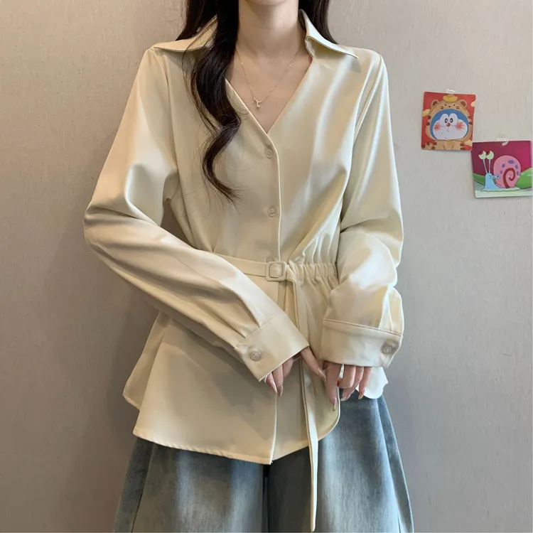 大码设计感V领长袖衬衫女秋季新款胖mm收腰显瘦遮肚子不规则上衣