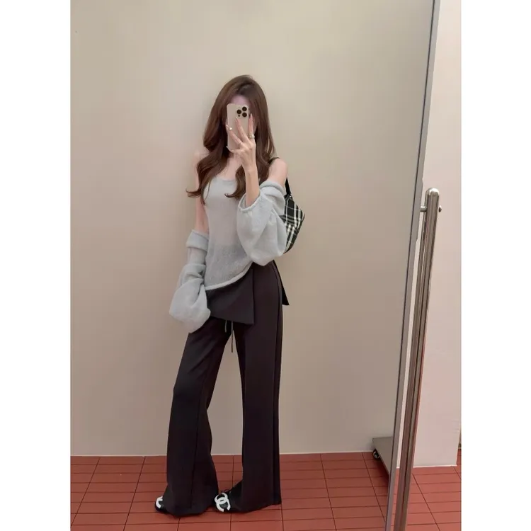 韩系慵懒风软糯吊带背心针织开衫秋季高腰设计感百搭休闲长裤套装