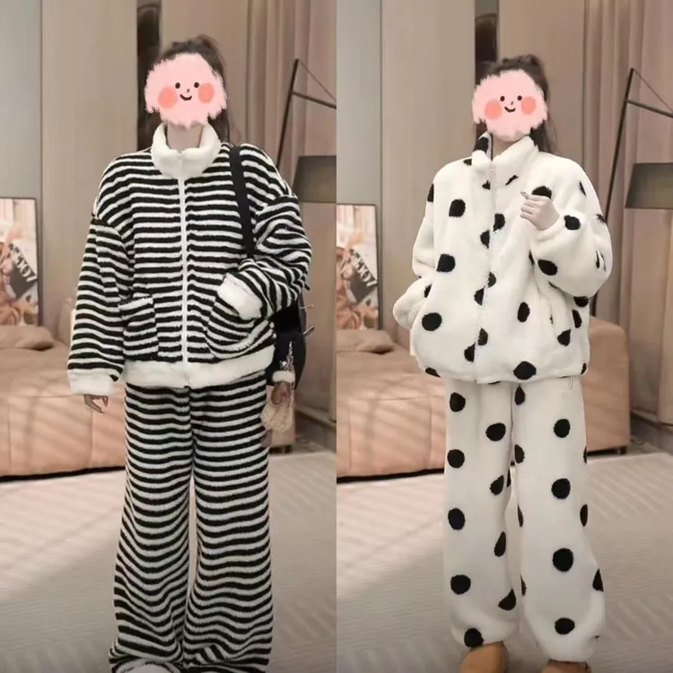条纹法式珊瑚绒睡衣女冬季新款加厚保暖高领长袖长裤套装