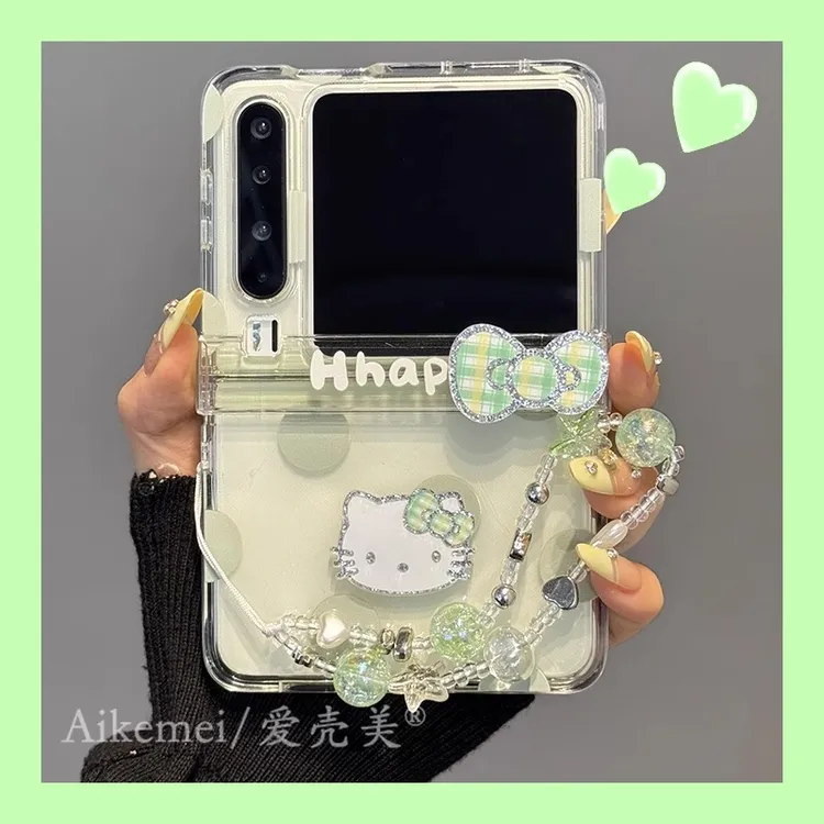 适用华为PuraX折叠屏p50Pocket2手机壳绿色波点闪钻kitty猫保护套