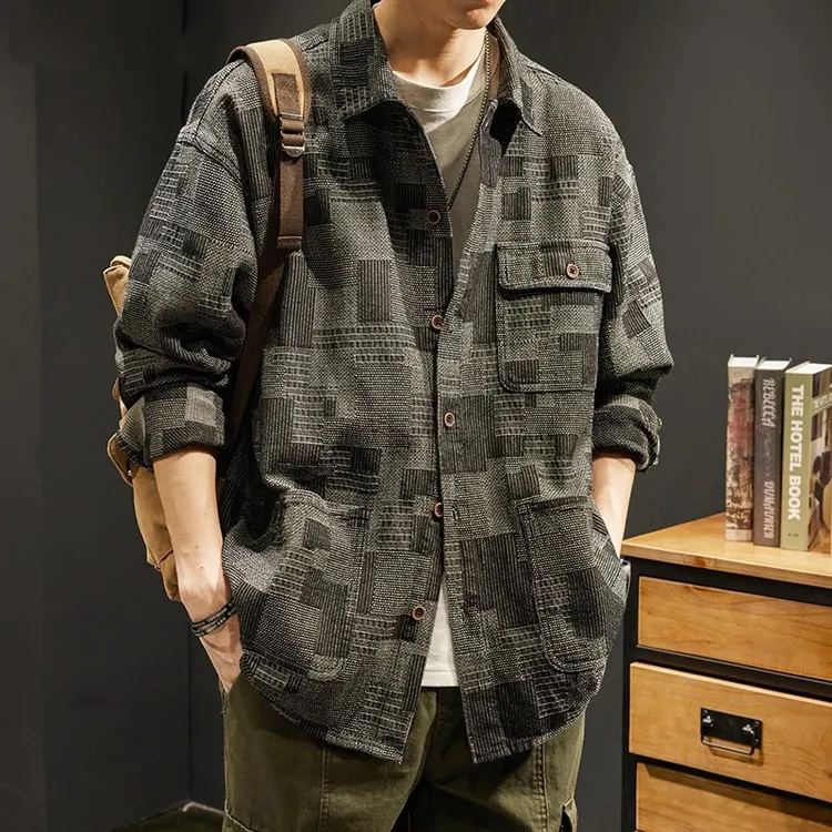 高级感重磅格子长袖衬衫男春秋潮牌宽松大码上衣美式工装衬衣外套