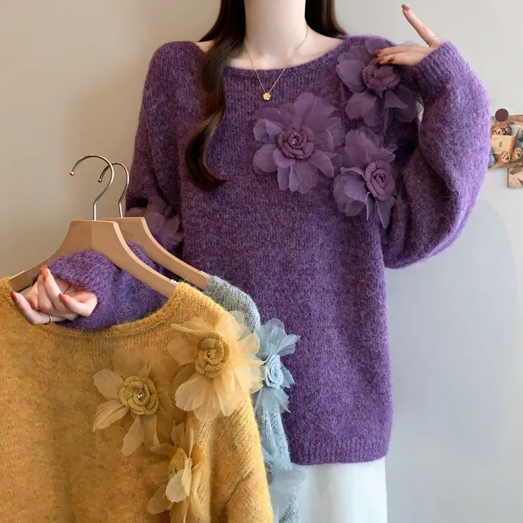 大码胖慵懒风法式立体花朵长袖针织毛衣女百搭减龄套头上衣小众