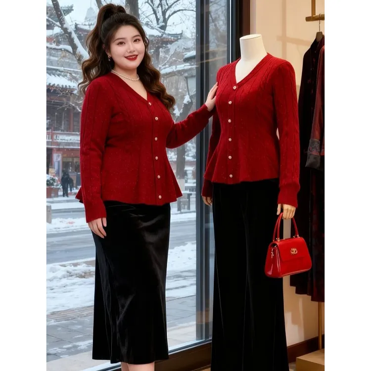 大码新年红v领绞花荷叶边掐腰毛衣针织衫女冬季胖mm显瘦内搭上衣