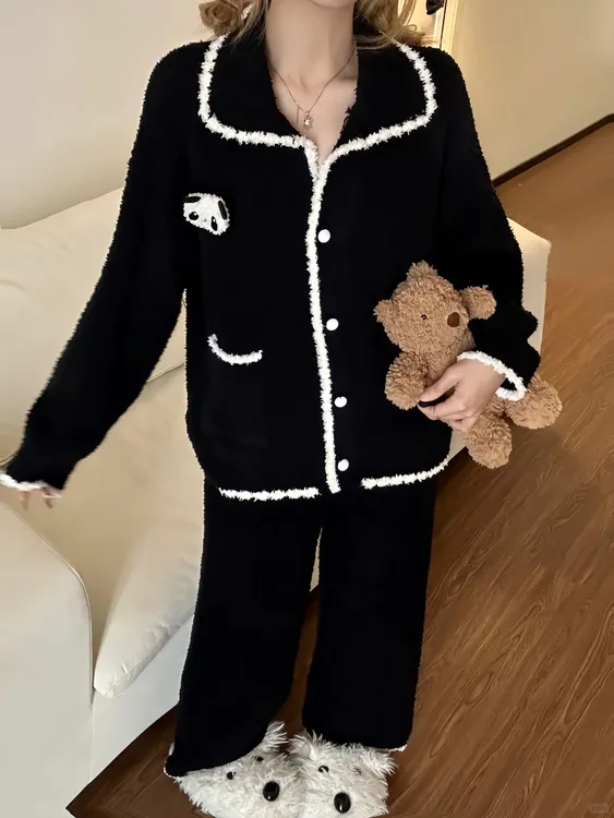 【软绵熊猫】网红同款睡衣冬季女款大码加厚套装黑色半边绒家居服