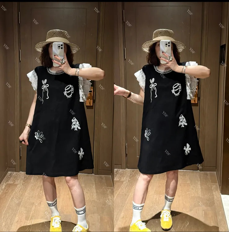 YDFSTUDIO小众【灵韵时光】欧货高品重磅刺绣木耳边拼接时尚连衣裙 