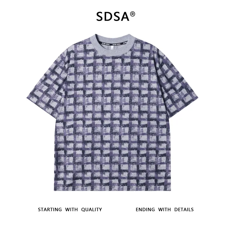 夏季高级感新款男士撞色格纹图案短袖T恤慵懒风百搭时尚圆领上衣