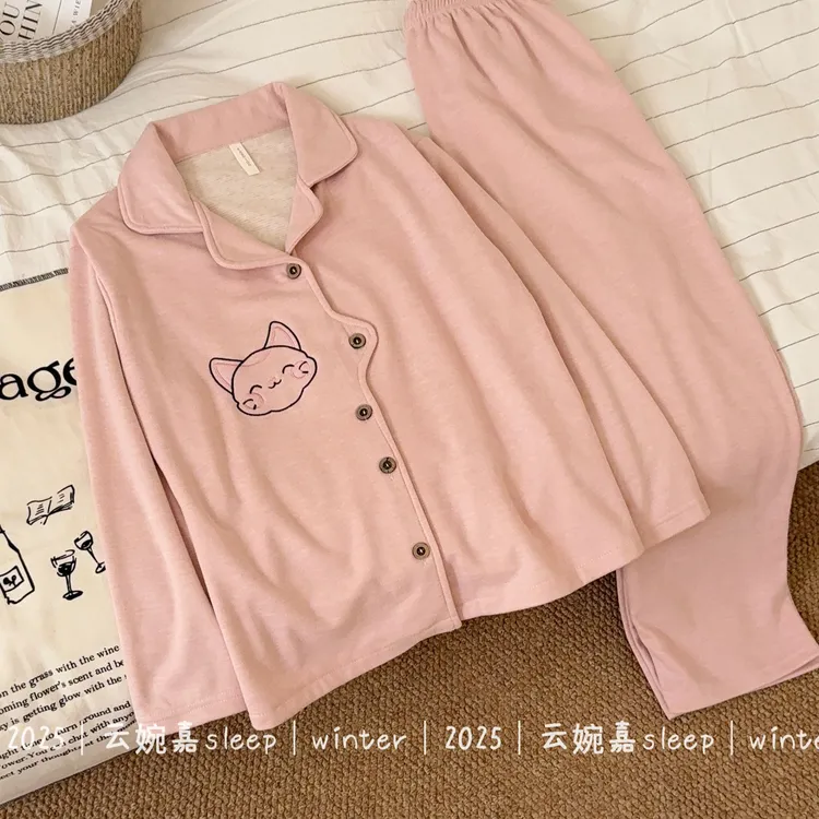 宅家猫猫秋冬睡衣女亲肤磨毛绒保暖开衫长袖卡通甜美家居服套装