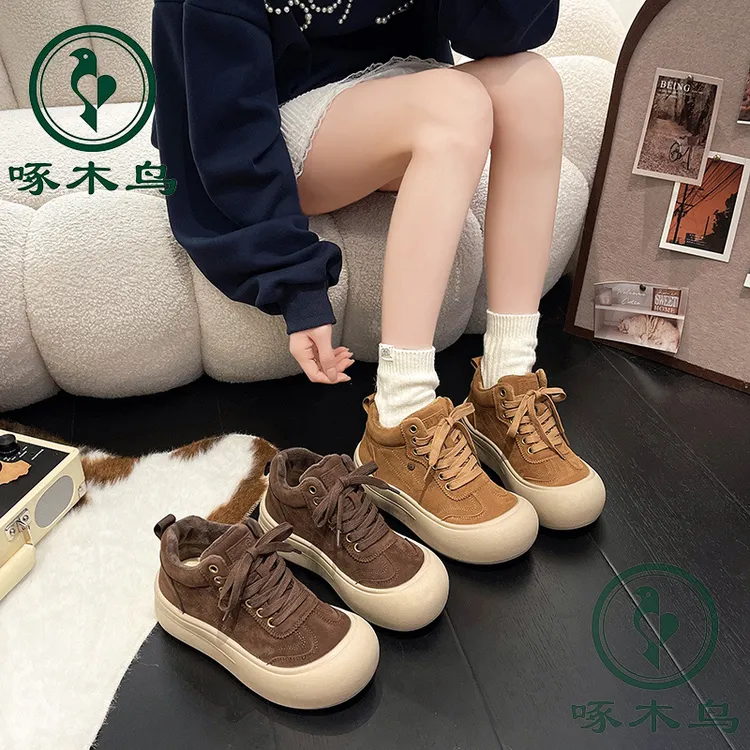 【啄木鸟091】厚款冬季加绒中跟印花皮高帮鞋秋冬高帮百搭软底