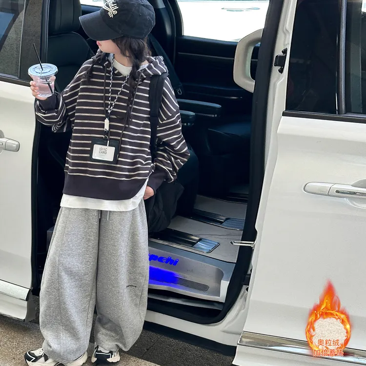 女童秋冬款套装6-12岁潮款儿童条纹卫衣两件套宽松韩版洋气中大童