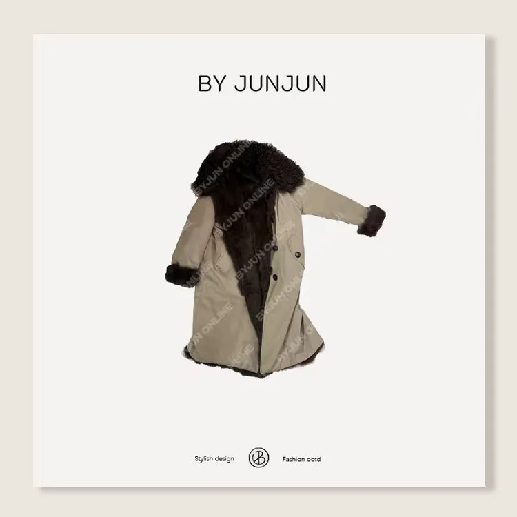 ByJunjun冬季新款女装兔毛内胆羊毛领外套