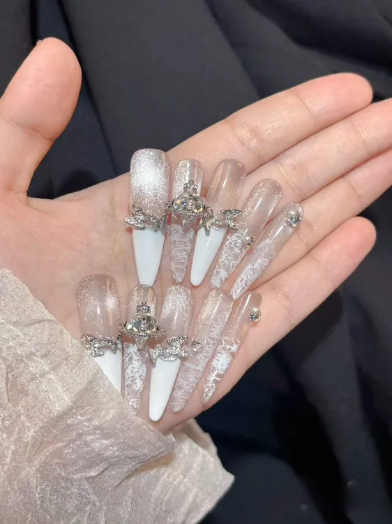 【嫁衣】爆闪显白法式高级渐变猫眼手工穿戴美甲贴片