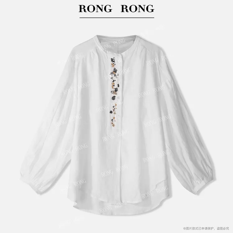 溶溶【流光初白】RONGRONG100亚麻女装钉珠清透宽松衬衣T25X002S