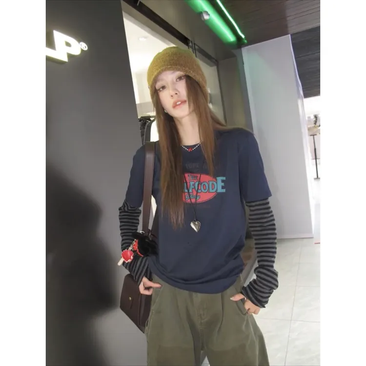 美式复古Vibe风撞色拼接长袖t恤女秋季宽松假两件条纹打底衫上衣