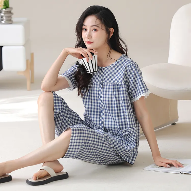 100%棉睡衣女短袖开衫高档夏季家居服格子休闲纯棉套装可外穿薄款