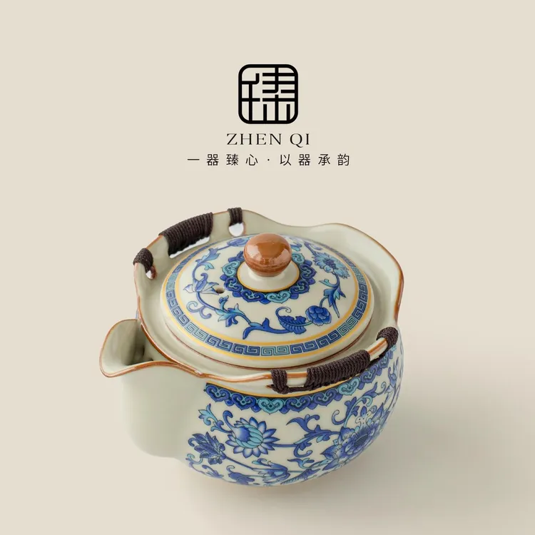 青花汝窑盖碗茶杯单个高档防烫手抓壶家用茶碗泡茶一人饮功夫茶具