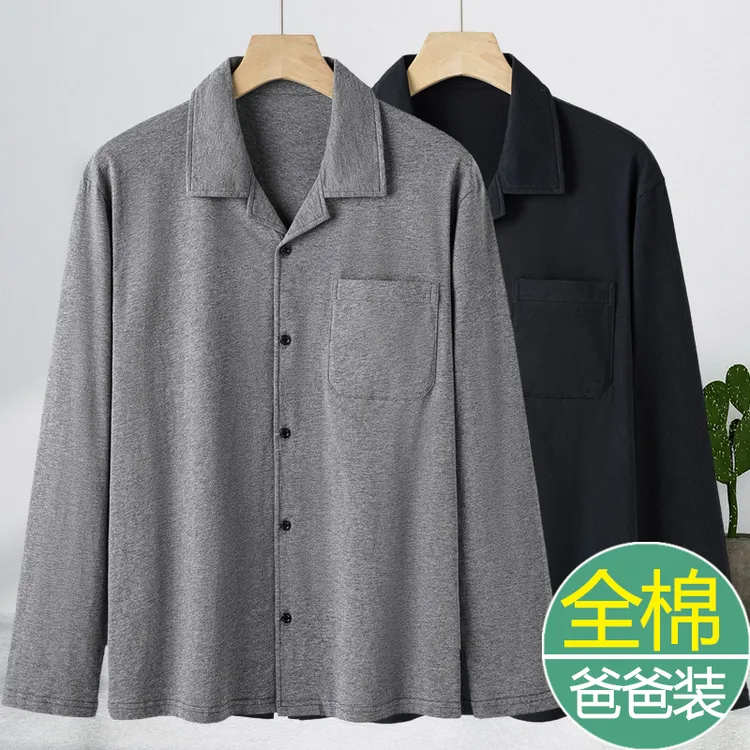 爸爸夏季上衣纯棉男士长袖t恤宽松开衫中老年爷爷春秋对襟老头衫