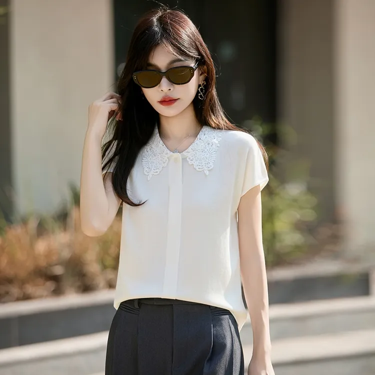 POLO蕾丝翻领精纺羊 毛针织打底背心女士可两穿内搭5198