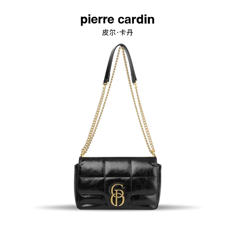【新年礼物】皮尔卡丹牛皮女士黑色小香风单肩小众菱格新款斜挎包