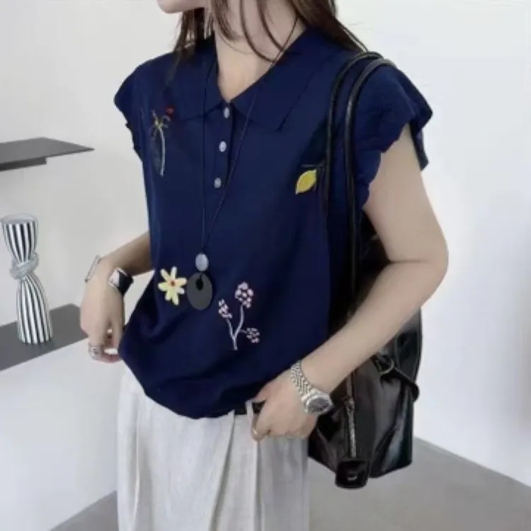 2025夏季新款方领刺绣飞飞袖宽松显瘦针织上衣