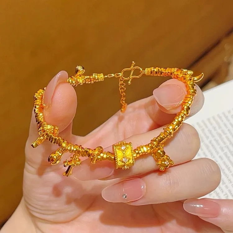 铜合金手链 【拉丝四芒星碎碎金手链】金色古法复古手工轻奢可调节
