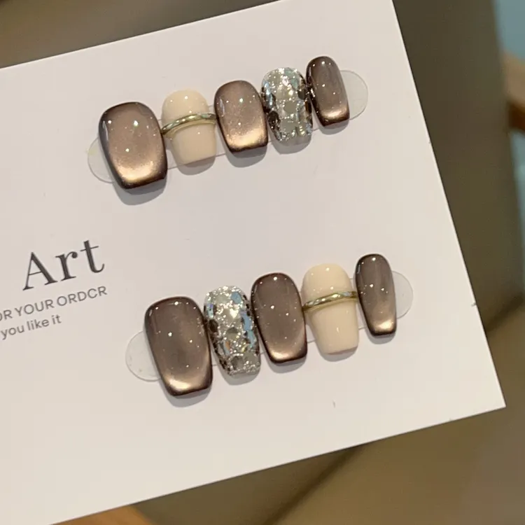 【戒指】秋冬棕色猫眼配色奶油白纯手工穿戴H424款带盒子工具包美甲