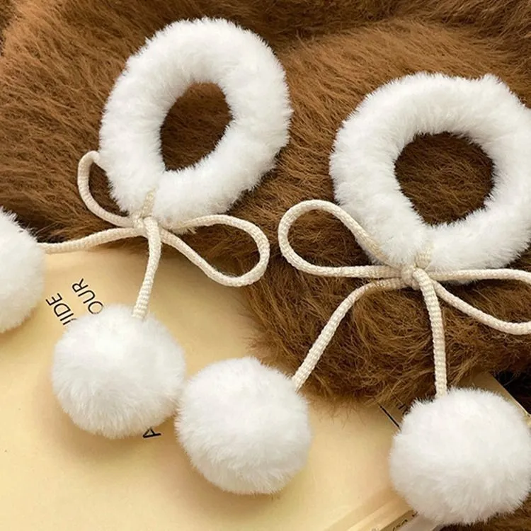 白色毛绒绒蝴蝶结球球发圈甜妹少女樱桃头绳丸子头双马尾秋冬发饰