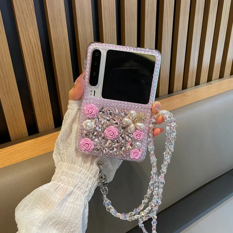 适用于华为purax手机壳彩绘粉色满钻玫瑰白花挂饰pocket2外壳p50