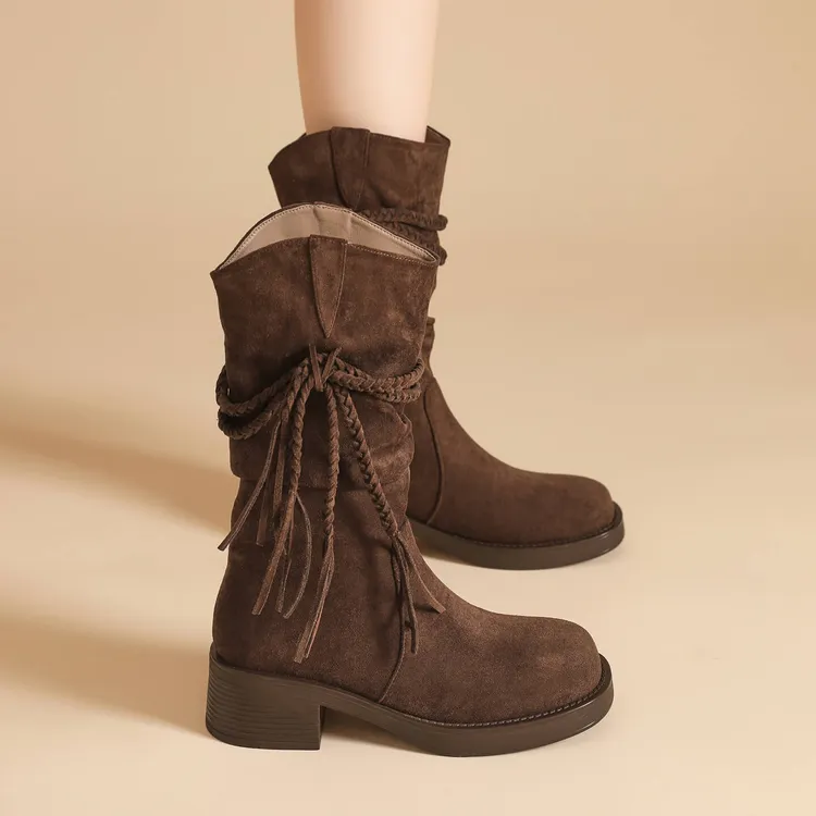 复古厚底增高5CM显瘦短靴女2025秋季新款时尚百搭休闲流苏堆堆靴