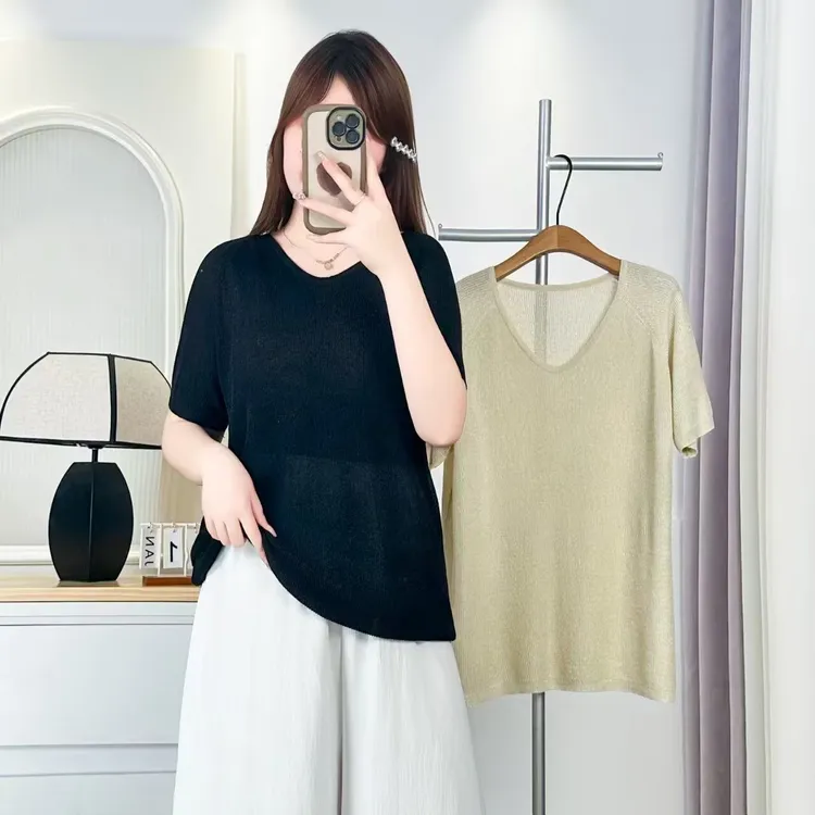 时尚针织衫夏日清凉V领宽松基础纯色女士气质100-200斤大码女装