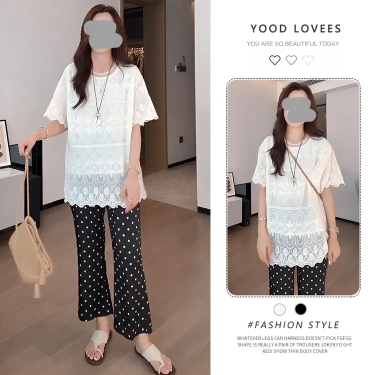 法式蕾丝短袖上衣高腰波点阔腿裤女2025夏季新款百搭显瘦穿搭套装