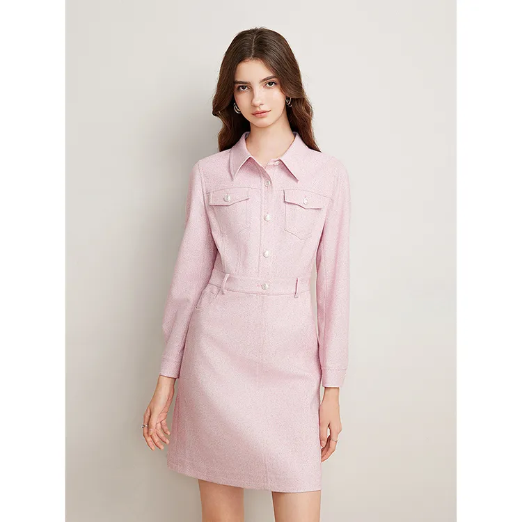 Goodland美地25早秋款仿麻感圈圈纱复古翻领粉色连衣裙LC35105160