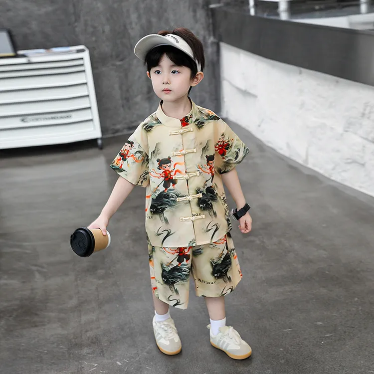 哪吒衣服男童夏季短袖汉服套装2025新款宝宝礼服新中式中国风唐装