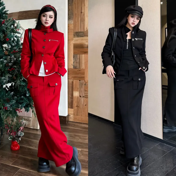 Blackgirl新款【因为太美】圣诞节原创设计高级感工装收腰加绒套装