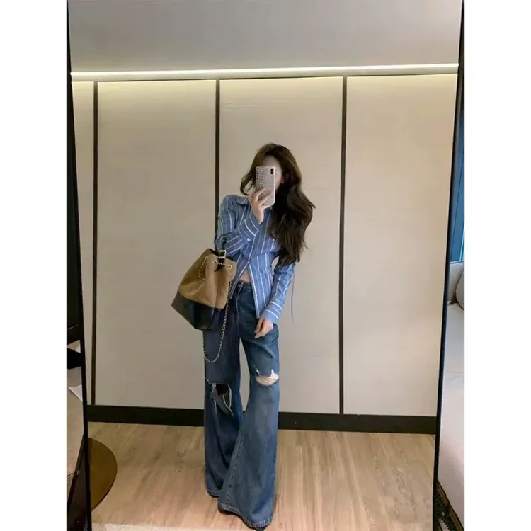 美式复古长袖条纹衬衫女春秋新款高级感绑带收腰衬衣微喇牛仔长裤