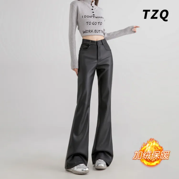美式黑色微喇皮裤女爆款2025新款秋季百搭加绒加厚高腰宽松喇叭裤