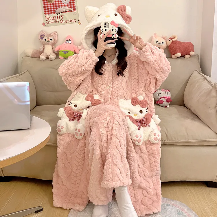 【粉丝专属】睡衣女秋冬季加长款绒睡袍加绒加厚连帽套装家居服冬款