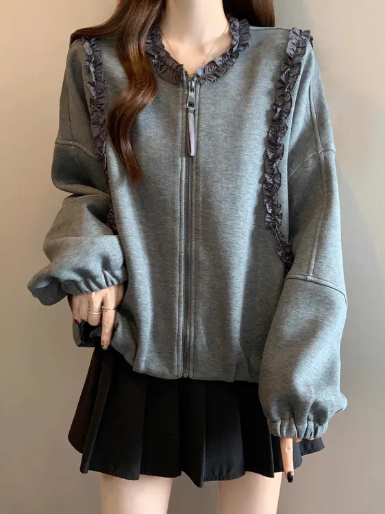 超好看木耳边拼接圆领外套女2025年早秋新款休闲百搭松紧下摆上衣