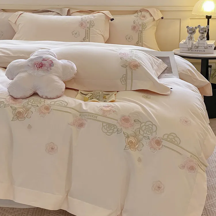 高档轻奢全棉长绒棉磨毛绣花四件套设计师法式公主风秋冬厚款床品