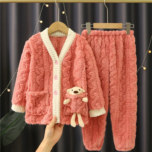 2024睡衣款冬秋儿童款女童男童加家居保暖绒新款服法兰绒卡通套装