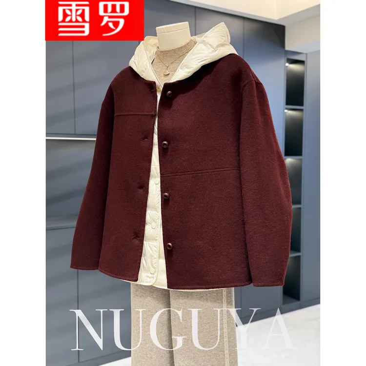 韩版毛呢拼接羽绒服外套女妈妈装秋冬新款气质中老年鸭绒服短大衣