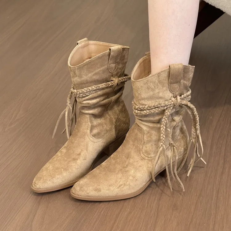 titing松露可可！复古绒面尖头流苏西部靴女秋冬韩版v口粗跟短靴
