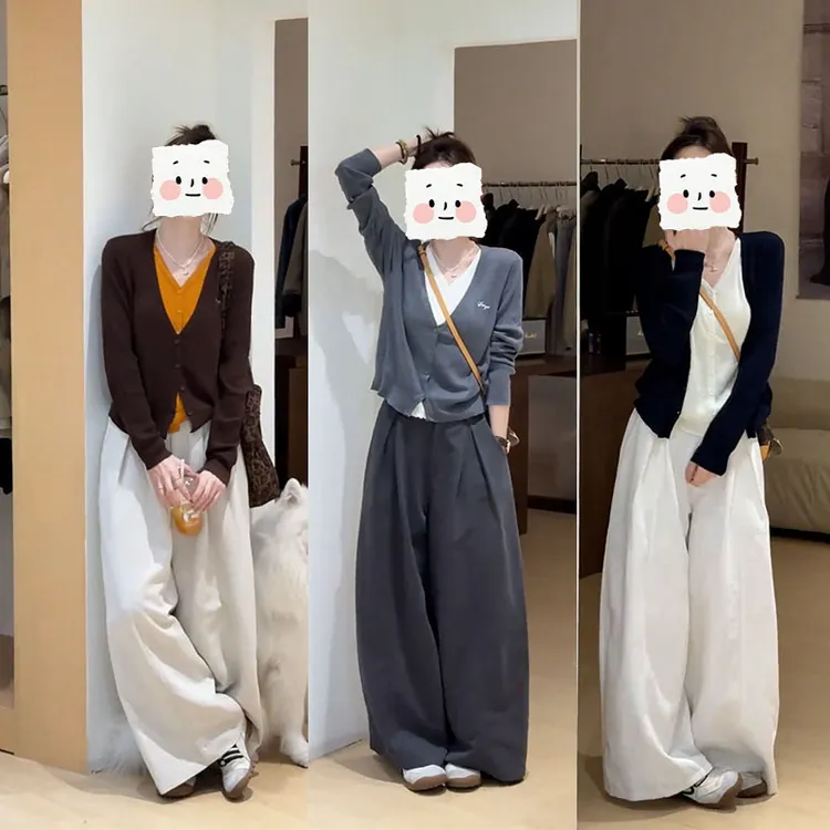 秋季新款减龄时尚套装女撞色假两件针织上衣休闲阔腿裤百搭两件套